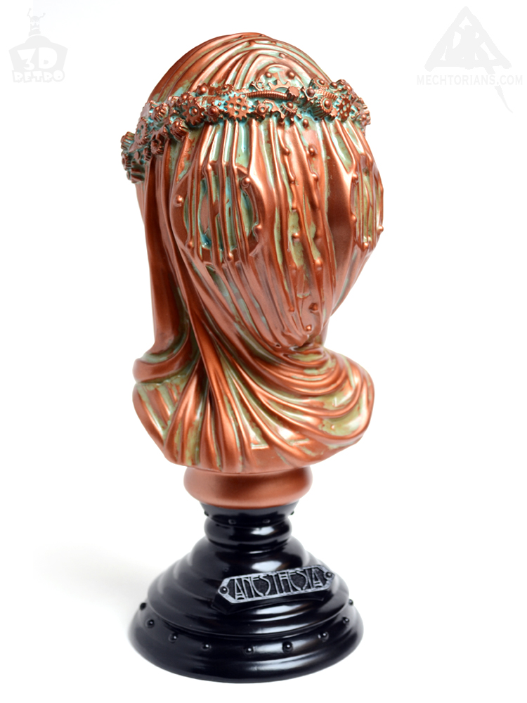 Anesthesia Veiled robotic lady Bust. Vinyl art collectible by Doktor A and 3D Retro. Sculpted by Bruce Whistlecraft. Bronze Verdigris Usher edition.