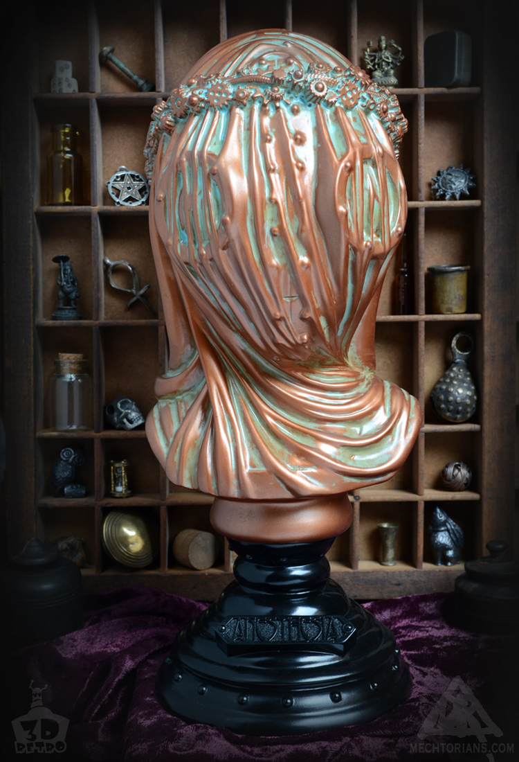 Anesthesia Veiled robotic lady Bust. Vinyl art collectible by Doktor A and 3D Retro. Sculpted by Bruce Whistlecraft. Bronze Verdigris Usher edition.