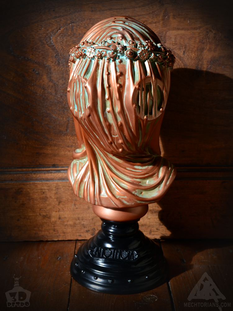 Anesthesia Veiled robotic lady Bust. Vinyl art collectible by Doktor A and 3D Retro. Sculpted by Bruce Whistlecraft. Bronze Verdigris Usher edition.