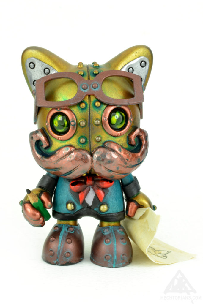 The Illustrator. Mechtorian Janky custom by Doktor A (Bruce Whistlecraft). A Retro Futuristic, Steampunk Cat robot toy.