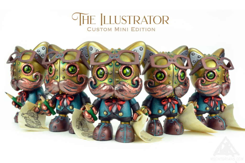 The Illustrator. Mechtorian Janky custom by Doktor A (Bruce Whistlecraft). A Retro Futuristic, Steampunk Cat robot toy.